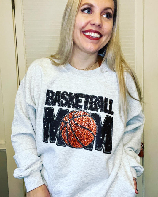 Basketball Mom Faux sequins/embroidery crew neck