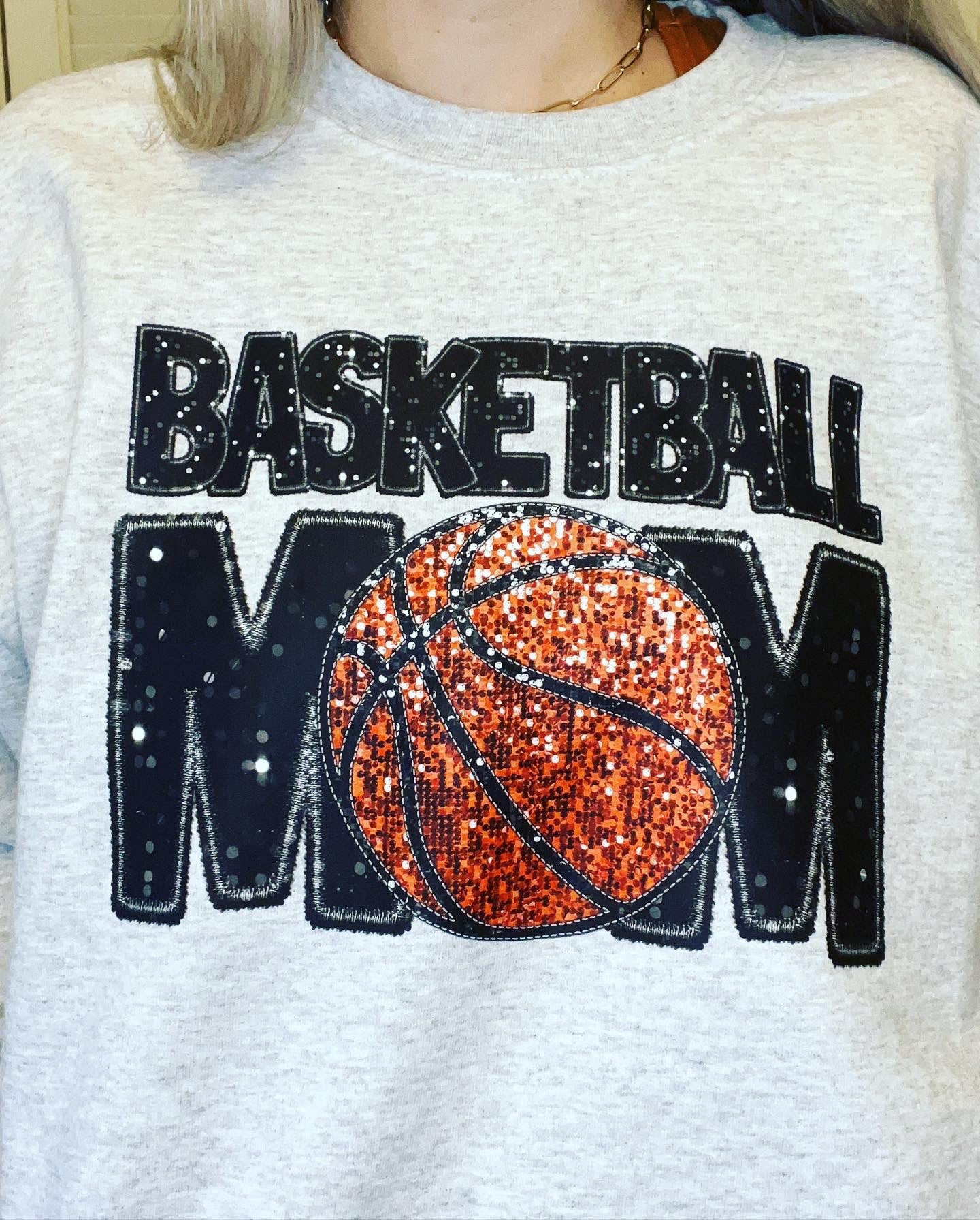 Basketball Mom Faux sequins/embroidery crew neck
